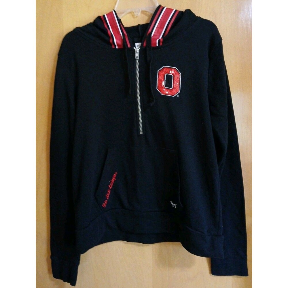 Pink Victoria Secret Ohio State Pullover Hoodie Black Red Bling SequinsWomens LG
